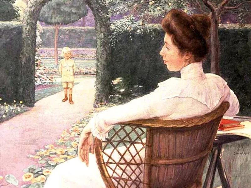 1866-Simon Moulijn - La moglie di Moulijn e il figlio più giovane nel giardino di Villa De Egelantier a Laren, 1912